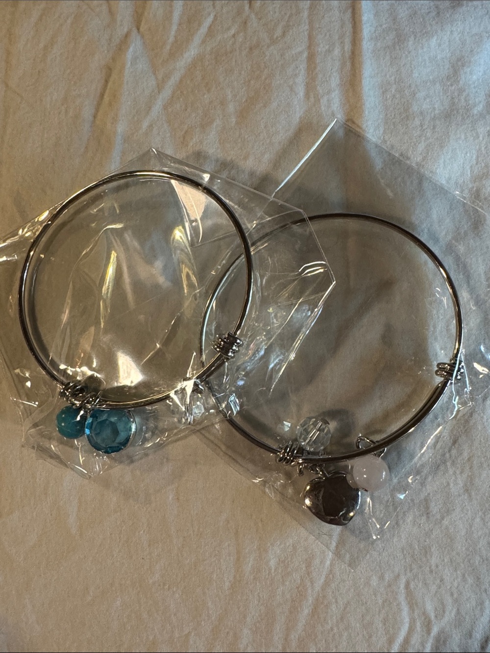 Silver Tone Charm Bangle Bracelets w/Blue, Pink, & White Beads
